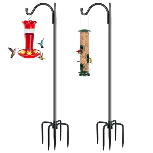 FEED GARDEN Bird Feeder Pole, 60 Inch Shepherds Hooks for Outdoor with 5 Prong Base, Adjustable Heavy Duty Shepherds Hook for Plant Baskets, Hummingbird Feeder, Wedding Decor, Lanterns,2 Pack