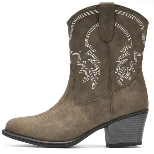 Image of IXU Cowboy Boots for Women Ankle Cowgirl Booties Wide Mid Calf Pointed Toe Western Boots Short Chunky Classic Booties