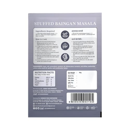 Image of Hommies Stuffed Baingan Bharta Masala Spice Mix | Ready to Cook in 15 Mins | Just Add Eggplant & Water | Serves 4 | Authentic Curry Masala with Groundnut | No Preservatives | Pack of 4 (200g, 50g Each)