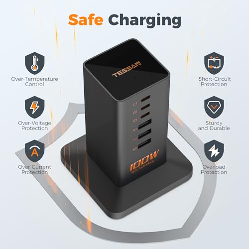 image for USB C Charger Blcok PD 100W, TESSAN 6-in-1 Charging Station for Multip