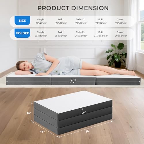 Image of MASVIS Trifold Mattress, 6 Inch Memory Foam Foldable Mattress with Washable Cover, Tri-Folding Floor Bed for Camping, Twin