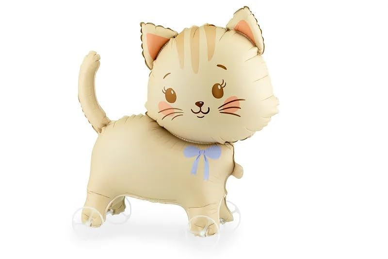 Cat Foil Balloons, Party Decoration Balloons with Cute Cat Designs, Pink, Cream and Black Styles (Beige Cat on Wheels)