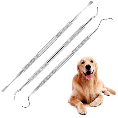 WOLMIK Pet Teeth Cleaning Tools - 3 PCS Pet Tooth Scaler Cleaning Kit Stainless Steel Tartar & Plaque Remover Set for Dogs Double Headed Pet Oral Tools to Remove Calculus for Dogs Cats Dental Care