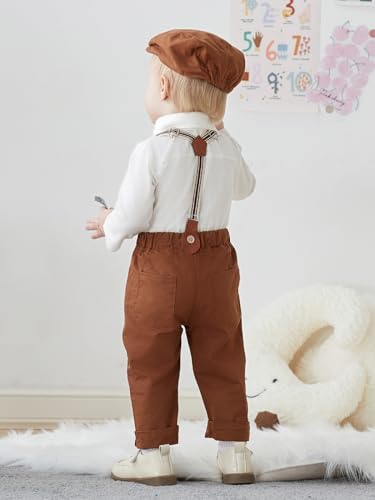 Image of SALNIER Baby Boy Suit Set Infant Formal Outfit Tuxedo | Soft Cotton Shirt Suspenders Pants Bow Tie Beret Hat 5pcs Set, For Wedding Baptism Birthday Party