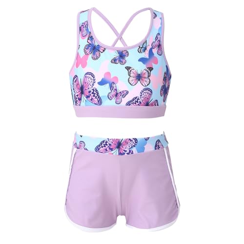 Moily Big Girls Floral Print 2 Pcs Athletic Outfit Criss Cross Crop Top with Booty Shorts Dancewear Swimsuit