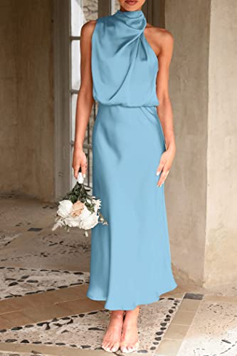 Image of PRETTYGARDEN Women's 2026 Summer Satin Dress Elegant Sleeveless Mock Neck Cocktail Party Maxi Dresses