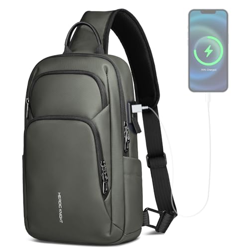 hk Bolso Bandolera Hombre con Puerto de Carga USB, Mochila Bandolera Cruzada Impermeable con Doble Bolsillo Lateral, Bolso Pecho para iPad 11,3 Pulgadas, Trabajo, Viaje y Uso Diario – Verde