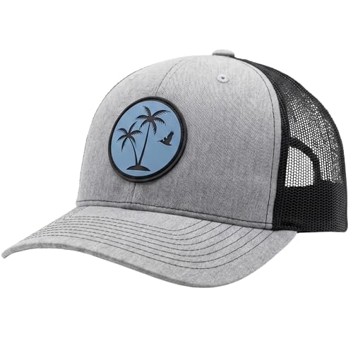 Image of LINDO Trucker Hat [ Palm Tree 2.0 Design ] for Men and Women: Mid Profile Cap with Breathable Mesh Back and Adjustable Snap