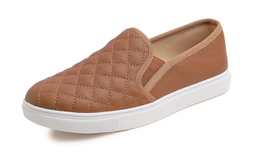 Feversole Damen Casual Slip On Sneaker Komfort Cupsole Loafer Flats, Kamel gestepptes, geprägtes Veganleder FVS00123-39EU