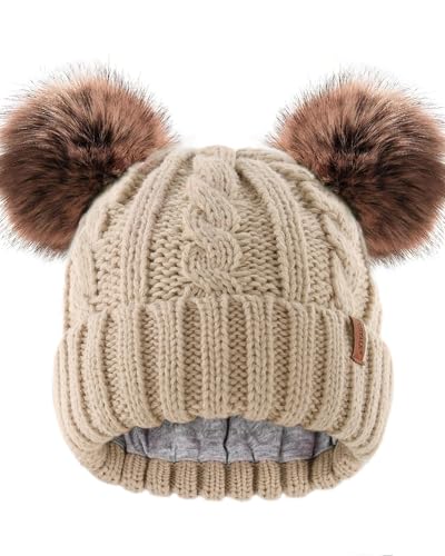Image of FURTALK Toddler Warm Winter Hat Kids Baby Knitted Soft Beanie with Double Faux Fur Pom Poms for Girls Boys