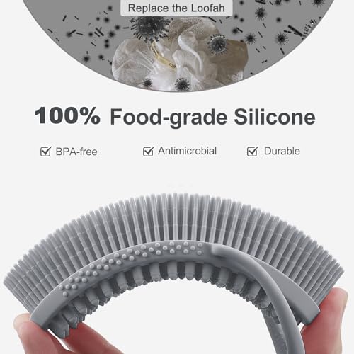 Image of FREATECH Silicone Body Scrubber with Loop Handle, Gentle Exfoliating Bath Shower Scrubber Body Scrub Brush for Men Women Kids, Sensitive Skin, More Hygienic Than Loofah, Easy to Clean, Grey