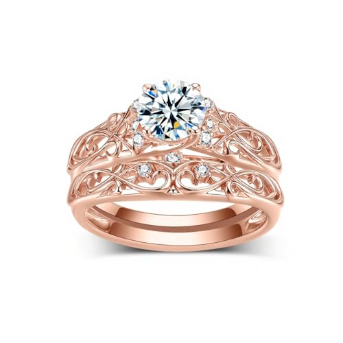 Solitaire Round Cut Moissanite Wedding Ring Set GRA Certified ,10K 14K 18K Real Gold Hollow Infinity Engagement Ring Bridal Sets for Women Jewelry Gift for Anniversary Wedding Free Engraved