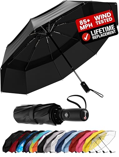 Windproof Travel Umbrella - Compact & Withstands Winds up to 85MPH, Strongest Premium Auto Folding...