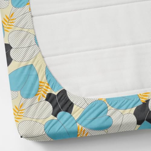Image of Fitted Bedsheet King Size Double Bed with 2 Matching Pillow Covers, Glace Cotton All-Around Elastic 210 TC Premium Bed Sheets, (72x78x8 Inches, Blue Leaf Print