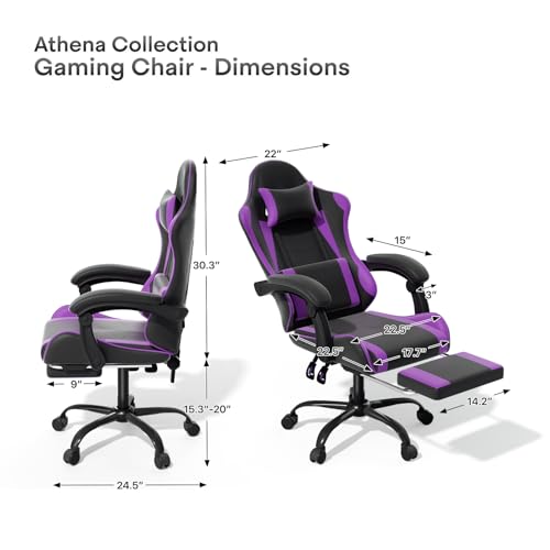 Image of Athena Collection Ergonomic Gaming Chair for Adults, Purple | Height Adjustable Office Chair Computer Desk Chair with Footrest & Headrest Lumbar Support for Office & Home, 350lbs
