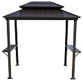 Kozyard 6’ x 8’ BBQ Hardtop Grill Gazebo, Outdoor Barbecue Gazebo with Double Galvanized Metal Roof, Aluminum BBQ Gazebo with 2 Side Shelves for Outdoor Grilling Station (Brown/Hardtop)