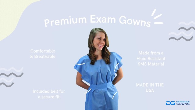Image of Disposable Patient Exam Gown, LARGE (50 Count) - Blue - SMS Nonwoven, Fluid-Resistant, Latex-Free - Includes Separate Tie Belt - DG Disposable Gowns | Made in USA | Medical Exam Apparel
