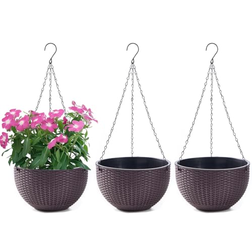 WOWEI 3 Pezzi Vasi da Parete, Vasi da Appendere in Plastica, Vasi da Fiori Sospesi Autoirriganti Vasi da Parete con Serbatoio dell'acqua e Foro di Scarico, Porta Vasi Sospesi con Catene (Marrone, M)