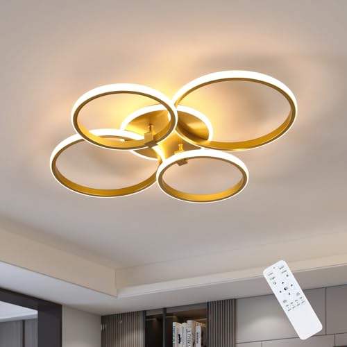 Riserva LED Ceiling Light Dimmable, 39W Ceiling Lamp Modern, 3000K-6500K, Chandelier Round Metal for Bedroom, Living Room, Dining Room, Kitchen, Corridor, Bright Gold