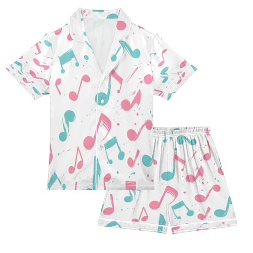Satin Pajama Sets Short Sleeve Musical Notes in Colors Button Down Silky Nightwear 2 Piece PJS 5-14Y