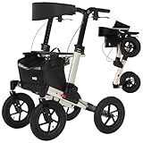 MobiQuip All Terrain 4 Wheel Rollator Walker with Seat, Champagne Coloured Frame - Lightweight, Folding Mobility Aids with Large 12' Pneumatic Tyres - Adjustable Handles, Easy-Grip Brakes & Storage
