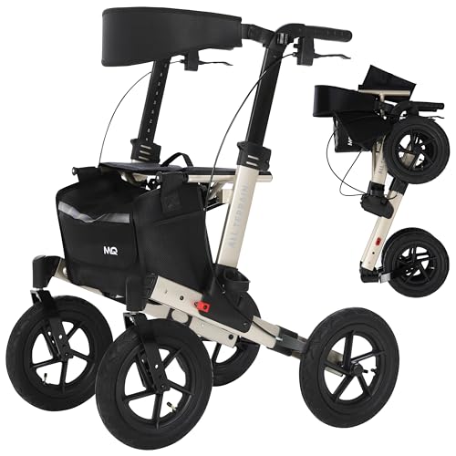 MobiQuip All Terrain 4 Wheel Rollator Walker with Seat, Champagne Coloured Frame - Lightweight, Folding Mobility Aids with Large 12 Pneumatic Tyres - Adjustable Handles, Easy-Grip Brakes & Storage