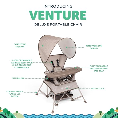 Image of Baby Delight Go with Me Venture Portable Chair | Indoor and Outdoor | Sun Canopy | 3 Child Growth Stages | Sandstone