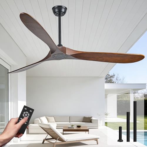 YKXONFA 72 Inch Ceiling Fan No Light Outdoor Large Wood Ceiling Fans with Remote Flush Mount 3 Blades Reversible Quiet DC Motor Modern Walnut Ceiling Fan Without Light for Patios Farmhouse