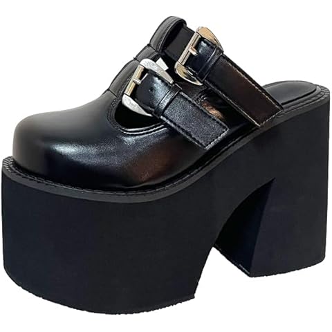 GooMaShoes Women's Slip on Platform Mules, Double Buckle Closed Toe Slide Sandals, Chunky High Heel Slipper Mule Shoes (Black, US 8) Cover