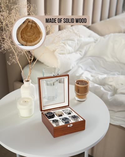 Image of Watch Box, Watch Case for Men Women with Large Glass Lid, Wooden Watch Display Storage Box with 6 - Slots, Rustic Brown 6x2 Mens Watch Box Organizer