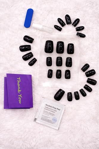 Image of Black Glitter Press On Nails | Glossy Square Fake Nails with Sparkle | Reusable Stick On Nails Kit with Glue, File & Prep Pad | Salon Finish Artificial Nails for Women
