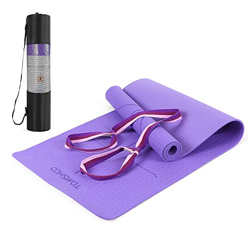 TOMSHOO Esterilla de Yoga Antideslizante,Esterilla de Gimnasia con Material Ecológico TPE y Línea Auxiliar, Bolsa,Bandolera183cm x 61cm x 0.6cm (Violeta)