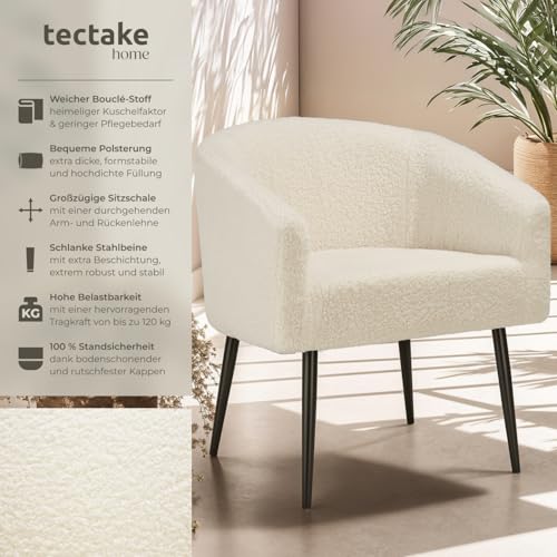 tectake® Lounge Sessel beige mit Polster, Wohnzimmer Möbel, Relaxsessel modern, skandi Loungesessel, Cocktailsessel Bouclé Plüsch Stoff, Armlehnstuhl mit Metallbeinen, Lesesessel Schlafzimmer