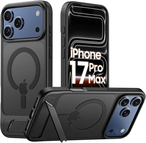 Image of Elzzi Translucent Matte Kickstand Compatible with Mag-Safe Case for iPhone 17 Pro Max, Built-in Adjustable Camera Stand, Magnetic Mag-Safe Shockproof Phone Cover (Black Matte)