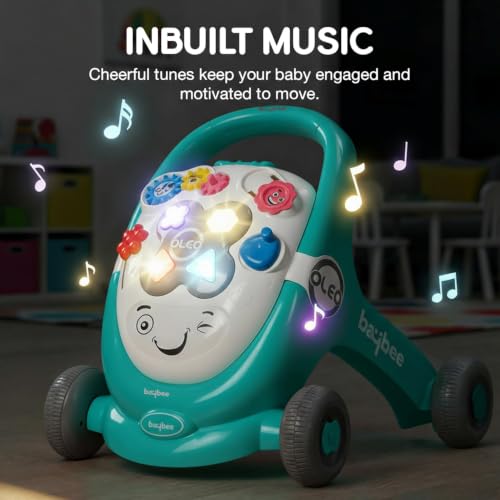Image of Baybee Oleo Baby Walker for 6-18 Months | Activity Push Walker with Music & LED Lights | Stable Wheels, Easy Grip Handle | Educational Walker for Boys & Girls 0-2 Years (Green)