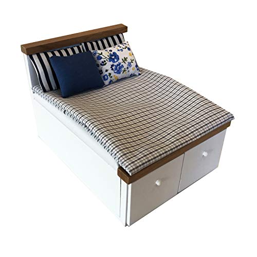 Lit Queen size pour maison de poupée en bois 1/12 blanc avec tiroirs