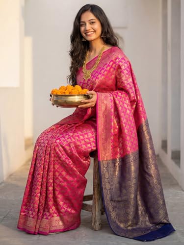 Image of AKHILAM Women's Kanjivaram Woven Soft Silk Saree With Blouse Piece