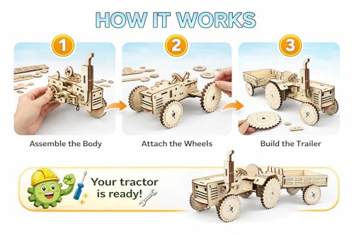 Image of FLERCISADIY Wooden Tractor Model Kit for Kids | STEM Science Experiment Toy | 3D Puzzle Craft | Educational Engineering Toy for Boys & Girls (8+ Years) (Tractor)