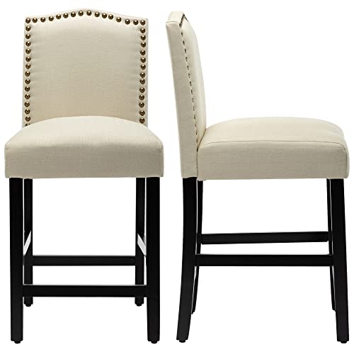 Gotminsi Bar Stools 24 Inches Upholstered Barstool Beige Counter Height Barstool With Antique Gold Nail Heads Solid Wood Set Of 2 Bar Chairs #TOP8