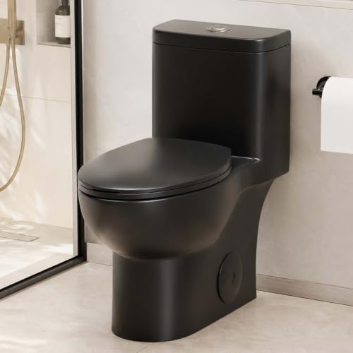 Black One Piece Toilet with Dual Flush Compact Toilet for Small Bathrooms Elongated Bowl with Comfy 17 H Seat for Apartment 12 Rough-In Toilet & Soft Closing Modern (Black)