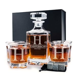 Personalized 5 pc Whiskey Decanter Set – 9 Design Options – Limited Edition, Custom Liquor Decanter | 25 Oz, 750ml Liquor Decanter w/ 4pcs Whiskey Glass Set #1