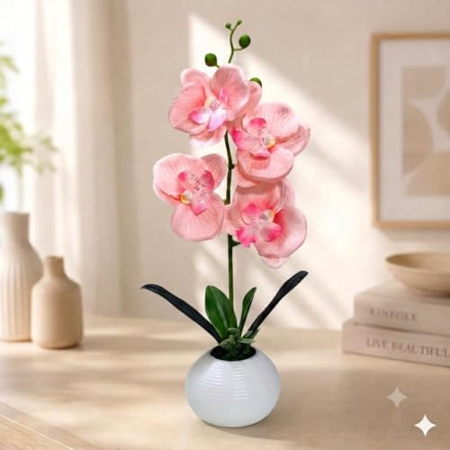 Image of CURATED CART Artifical Orchid Flower Pot, Peach Flower with Vase, Ideal for Home Decor, Office Decor, Gifting, 4 Flower Heads, Size 36 x 9cm