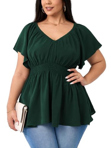 Womens Plus Size Tops V Neck Short Sleeve Blouse Babydoll Ruffle Peplum Smocked Dressy Casual Summer Top