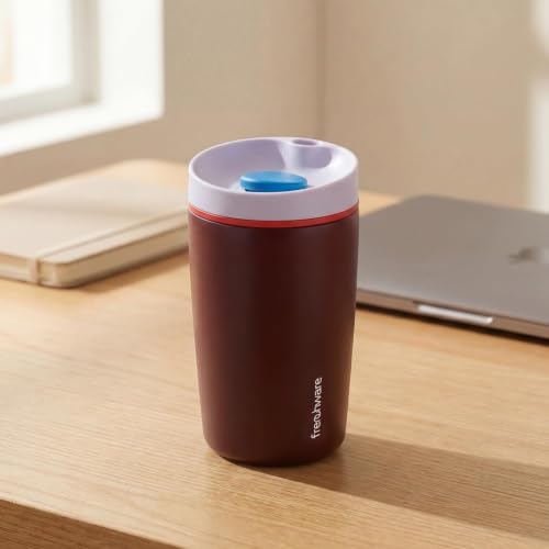 Image of Frenchware AeroMug Insulated Stainless Steel Coffee Tumbler, 450 ml | Smooth Sip Slider, Reusable, Hot & Cold Coffee Travel Mug, Dark Merlot