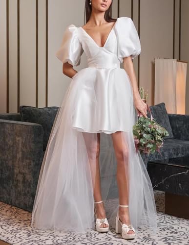 Women's Short Wedding Dresses for Bride Sexy V Neck Satin Puffy Sleeves Mini Bridal Gown A Line Party Dress4