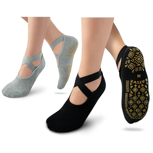 RATIVE X-Cross Straps Anti Slip Non Skid Barre Yoga Pilates Hospital Socks with grips for Mens Womens