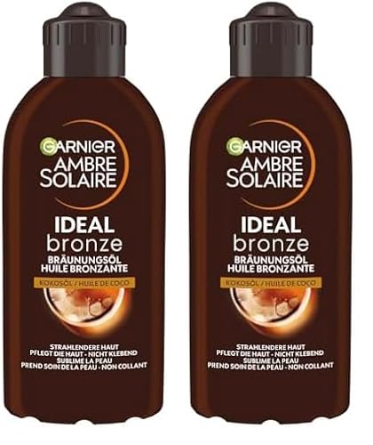 Garnier Bräunungsöl für vorgebräunte und dunkle Haut, Feuchtigkeitsspendendes Sonnenöl mit Kokosduft für intensive Bräune, Ambre Solaire Ideal Bronze, 1 x 200 ml (Packung mit 2)