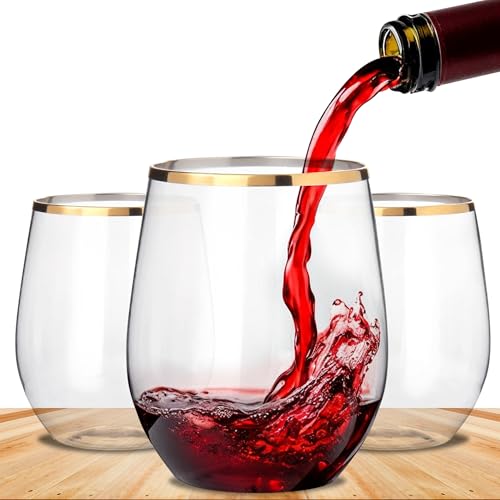 BEEPOP Set di 12 Bicchieri da Vino da 350ml, Leggeri, Infrangibili, Riciclabili e con Bordo Dorato in Plastica Senza BPA, Senza Stelo