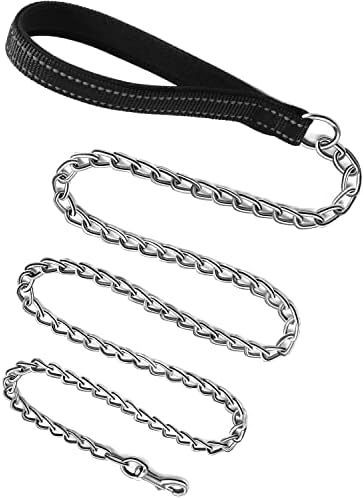JuWow Chain Dog Leash | Metal Stainless Steel Links,Heavy Duty Chew Proof Pet Lead with Reflective Padded Handle for Medium and Large Dogs (2.0mm x 4 Foot, Black)