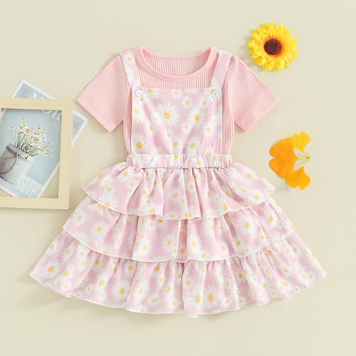 Image of Toddler Baby Girl Summer Clothes Kids Short Sleeve Solid T-Shirt Ruffle Daisy Skirts Overalls Dress Outfit 18M-6T